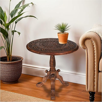 The Wooden Town Handcrafted Carved Round Side Table – 18x21 Inch Coffee Table for Living Room | Solid Wood Accent End Table with Pedestal Base | Altar Table for Home Décor
