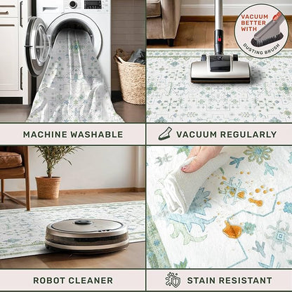 Blue and Green Washable Rugs for Living Room - 4x8 Vintage Boho Floral Pastel Cream, Washable Low Pile Non Slip Area Rug for Bedroom Beside Bed, Door Mat Indoor Entrance, Kitchen, Decor