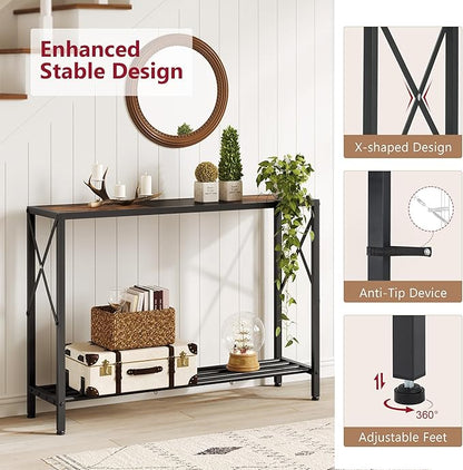 Tajsoon Console Table 41.8”, 2-Tier Industrial Entryway Table, Narrow Entrance Sofa Table with Shelves, Hallway, Living Room, Foyer, Corridor, Office, Rustic Brown and Black