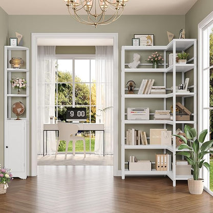 Keyluv 72" Tall Corner Bookshelf with Door, 6-Tier L Shaped Bookshelves and Bookcase with Storage Cabinet, 2 Pieces Individual Convertible Book Shelf, Display Shelf for Home Office Living Room, White