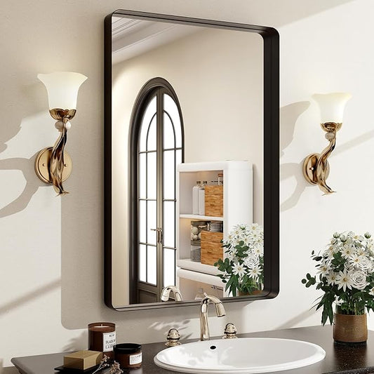 30"x22" Black Bathroom Mirror - Modern Mirror for Wall with Rounded Corners，Bathroom Mirrors for Vanity, Aluminum Alloy Framed Mirror Portrait or Landscape Hang, Rectangle Mirrors for Bedroom