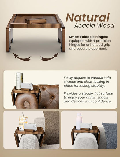 HOLANA 15.75" Acacia Couch Armrest Table - Wood Couch Arm Tray with Phone Holder – Sofa Side Table, Armchair Caddy, Sofa Arm Table for Home Sofa Living Room (Walnut)