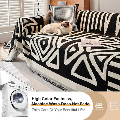 STACYPIK Boho Triangle Couch Cover for Dogs Non-Slip Sofa Cover for 3 Cushion Couch Sofa Beige Black Sectional Couch Cover Pet Furniture Protector Covers Reversible Anti Slip Loveseat Cover-91X134IN
