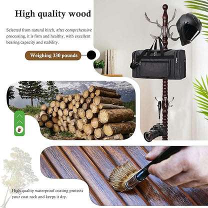 Coat Rack Stand, Solid Wooden Coat Tree with 14 Hooks, Heavy Duty Coat Rack Freestanding with Sturdy Round Base, Natural Birch Wood Coat Hanger Stand for Entryway Bedroom (Metal hook)