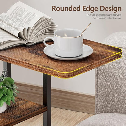 C Shaped End Table, Small Side Table for Couch, Recliner, Slide Under Sofa Tray Desk Snack Tables with Storage Bag for Living Room,Bedroom, Small Spaces - Rustic Brown