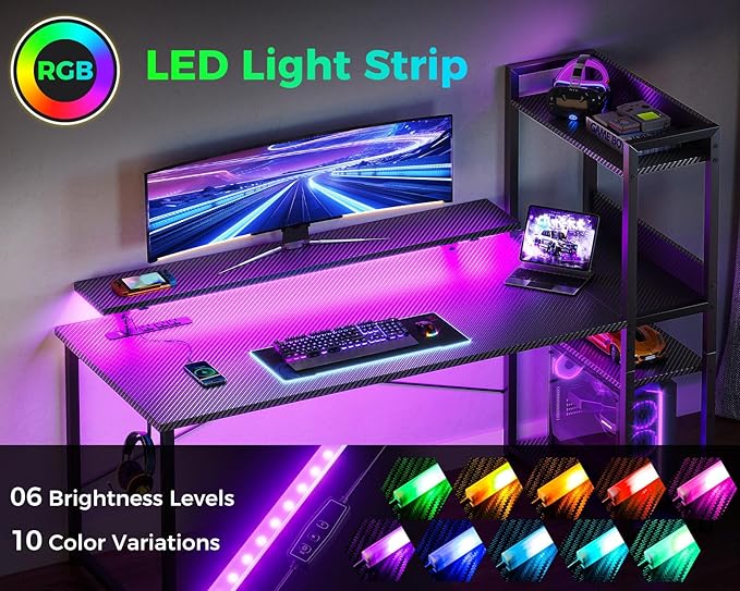 ODK Reversible Gaming Desk with Power Outlets and LED Lights, 48 Inch Computer Desk with Storage Shelves and Monitor Stand, Modern Writing Study Desk for Home Office, Carbon Fiber Black