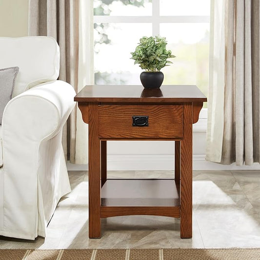 Leick Home Mission End Table, Solid Wood, 1 Storage Drawer, Additional Secret Compartment, Bottom Display Shelf, Easy-Assembly, Medium Oak, 20 in L x 24 in W x 24 in H, 8222-SC