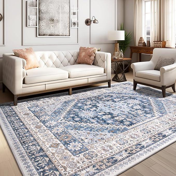 zesthome 8x10 Area Rugs for Living Room,Non-Slip Backing Washable Rugs,Vintage Large Area Rug,Stain Resistant Home Decor Rug (Blue/Beige,8'x10')