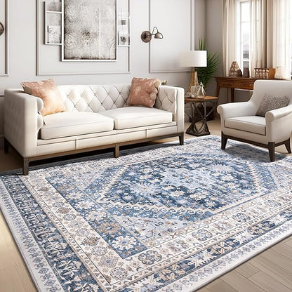 zesthome 5x7 Area Rugs - Ultra-Thin Washble Rug, Stain Resistant Anti Slip Backing Rugs for Living Room,Bedroom, Vintage Home Decor Area Rug (Blue/Beige,5'x7')
