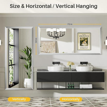 72x32 Inch Silver Bathroom Mirror for Wall, Thick Metal Framed Rectangle Mirrors for Over Sink, Bedroom, Living Room, Entryway, Anti-Rust, HD Tempered Glass