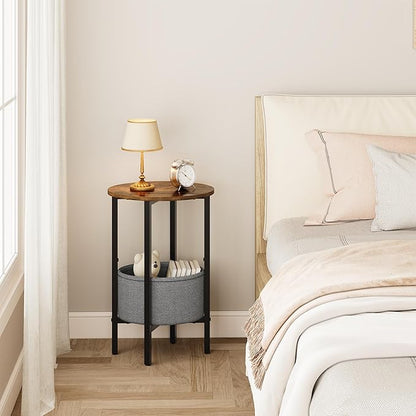 Vagusicc Round Side Table End Table with Storage Basket, Small Side Table Round Nightstand for Small Spaces, Tall Oval End Table with Steel Frame, Coffee Bedside Table for Living Room, Rustic Brown