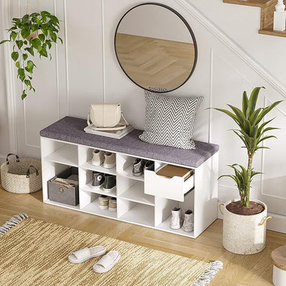 DINZI LVJ Shoe Bench, Entryway Storage Bench with Drawer and 11 Cubbies, Cubby Shoe Rack with Adjustable Shelves, Shoe Organizer Cabinet for Living Room, Bedroom, Mudroom, Closet and Garage, White