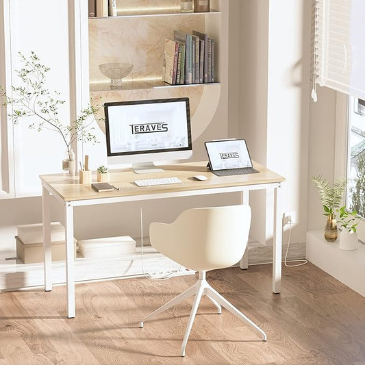 Teraves Computer Desk/Dining Table Office Desk Sturdy Writing Workstation for Home Office(55.11“, Beige + White Frame)