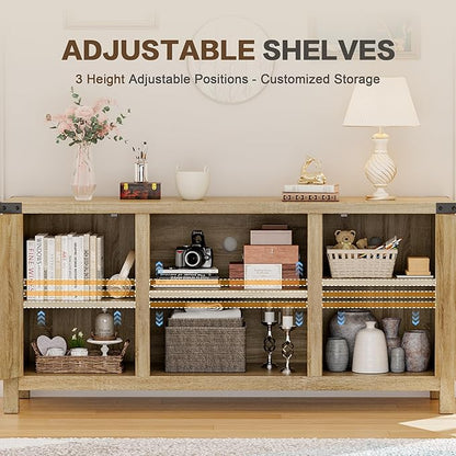 YESHOMY Farmhouse Buffet & Sideboard, 58" Kitchen Storage Cabinet with Adjustable Shelves & Doors, Wood Coffee Bar for Living Room, Entryway, Yellow