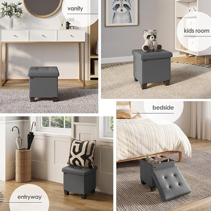 STORAGEBUD Storage Ottoman Cube with Small Bin, 16-in Square Ottoman with Storage for Living Room and Bedroom, Small Ottomans Foot Rest, Faux Leather Foot Stools Ottomans Max 330lbs, Grey