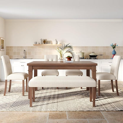 Ball & Cast Dining Table Set for 6 W/Bench & 4 Upholstered Chairs,6 Piece Dining Set W/ 60" Rectangle Kitchen Table & Anti-Scratch Pads,Table and Chairs Set for Living Room,Dining Room,Walnut
