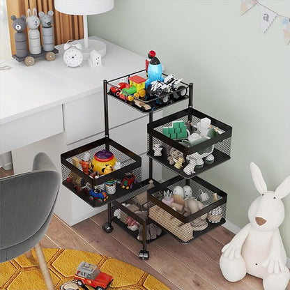 Rotating Kitchen Storage Rack，Bathroom Shelf，Kitchen Organization and Storage，Bathroom Storage Organizer，Fruit Basket，Rolling Carts with Wheels(Black, 4 Tier-Square)