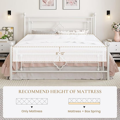 SHA CERLIN 14 Inches King Size Metal Platform Bed Frame/Vintage Iron-Art Headboard and Footboard/Mattress Foundation for Storage/No Box Spring Needed/Noise-Free/Easy Assembly/White