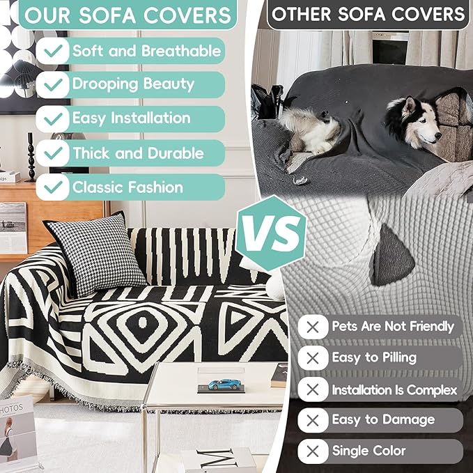STACYPIK Boho Triangle Couch Cover for Dogs Non-Slip Sofa Cover for 3 Cushion Couch Sofa Beige Black Sectional Couch Cover Pet Furniture Protector Covers Reversible Anti Slip Loveseat Cover-91X134IN