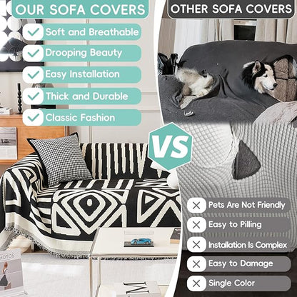 STACYPIK Boho Triangle Couch Cover for Dogs Non-Slip Sofa Cover for 3 Cushion Couch Sofa Beige Black Sectional Couch Cover Pet Furniture Protector Covers Reversible Anti Slip Loveseat Cover-91X134IN