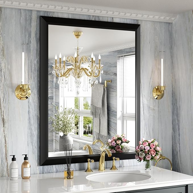 Amorho Black Bathroom Mirror, 28x36 Inch Thick Metal Framed Wall Mirrors for Over Sink, Bedroom, Living Room, Entryway, Rectangle Wall-Mounted Mirrors(Horizontal/Vertical).