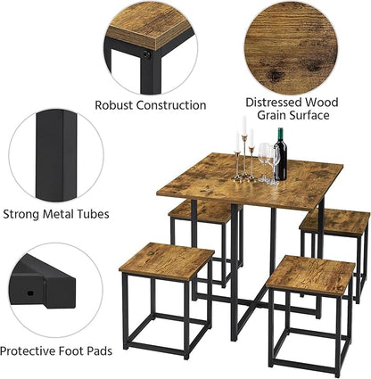 Yaheetech Industrial Dining Table Set for 4 Compact Kitchen Table and 4 Stools Space Saving Home Furniture for Small Space, Rustic Brown