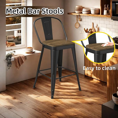 Metal Bar Stools Set of 4, High Back Bar Stools with Wooden Seat, 26 inch Black Barstools for Kitchen Island