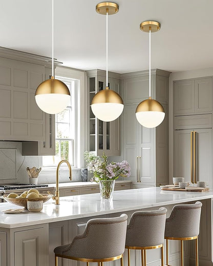 LMS Mid Century Pendant Lights, Brushed Gold Kitchen Island Light Fixtures with White Globe Glass Shade, Adjustable Hanging Cord, 3-Pack for Home Office Dining Room Bathroom, LMS-186PL-BGWS3PK