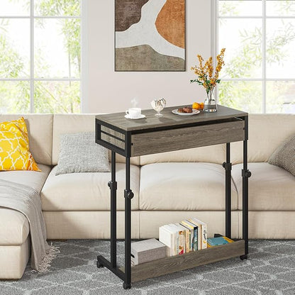 Tribesigns Portable Desk with Drawers, Mobile Laptop Desks with Wheels, Couch Desk Sofa Side Table, Small Standing Desks for Home Office (Retro Grey)