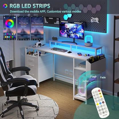 Lufeiya White Computer Desk with File Drawers Cabinet, 55 Inch Home Office Desk with Monitor Stand Shelves, Writing Study Gaming Desks with Led Lights and Power Outlets for Bedroom, White