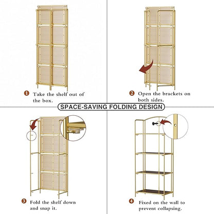 Crofy No Assembly Folding Bookshelf for Living Room, 4 Tier Gold Collapsible Book Shelf for Home Office, Portable Bookcase Storage Organizer