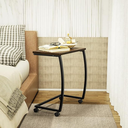 SRIWATANA Side Table, C-Shaped End Table with Rolling Wheels,Rustic Sofa Couch Table for Laptop Coffee Snack, Dark Walnut