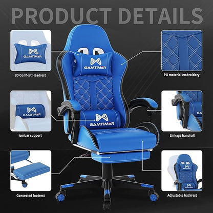 Gaming Chair, 400 lbs Adult Chair, High Back Computer Chair with Footrest and Linked Armrests, Office Video Game Chair with Lumbar Support (Blue)