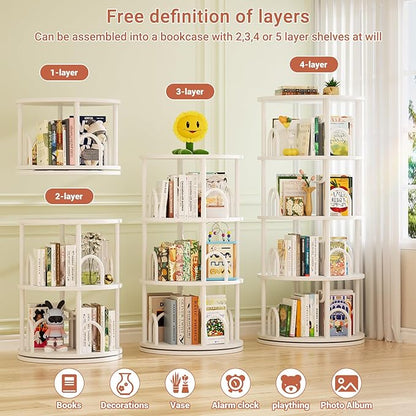 Aheaplus 4 Tier Rotating Bookshelf Tower, 360 Display Spinning Bookcase, Revolving Round Book Shelf Narrow Swivel Bookshelf, Vertical Turning Spiral Corner Book Organizer for Small Space, White