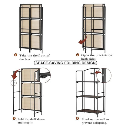 Crofy No Assembly Folding Bookshelf for Living Room, 3 Tier Black Collapsible Book Shelf for Home Office, Portable Bookcase Storage Organizer