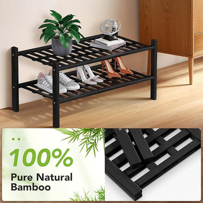 Haddockway 2 Tier Bamboo Shoe Rack Storage Organizer, Multifunctional Free Standing Stackable Shoe Shelf with Grid Panel for Closet,Hallway,Entryway,Small Space 27"x11"x13" (Black, 2 Tier)