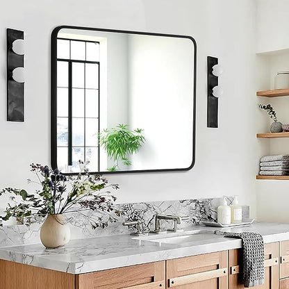 24x32 Inch Rectangle Bathroom Mirror with Black Metal Frame, Rounded Corner Rectangular Vanity Mirror for Wall, Modern Large for Bedroom, Living Room, Horizontal or Vertical