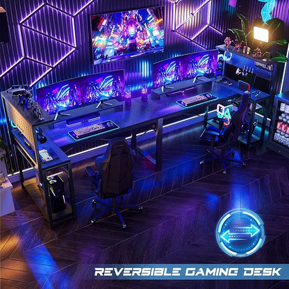 Homieasy Small Gaming Desk with Power Outlets Pegboard LED Light, 51 Inch L Shaped Computer Desk with Monitor Stand Storage Shelves, Reversible Corner Desk with Headset Hooks, Carbon Fiber Black