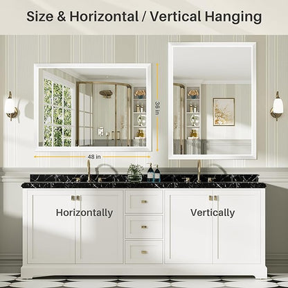 48x36 Inch White Bathroom Mirror for Wall, Thick Metal Framed Rectangle Mirrors for Over Sink, Bedroom, Living Room, Entryway, Anti-Rust, HD Tempered Glass