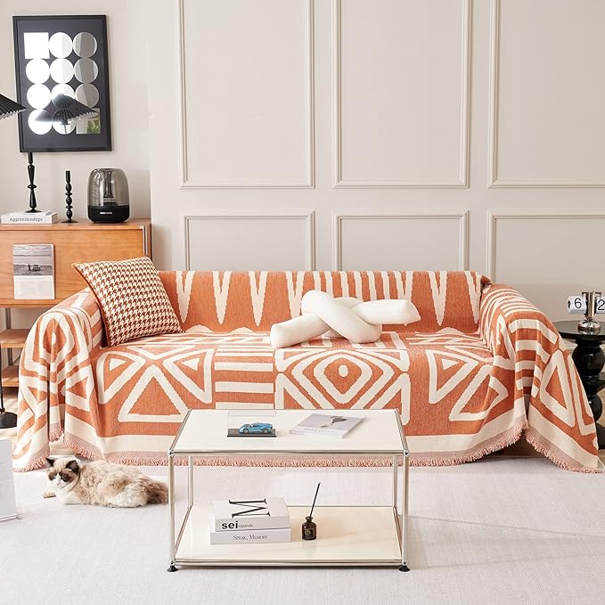 STACYPIK Reversible Caramel Sofa Cover Boho Triangle Couch Covers Non Slip Multi-use Furniture Protector for 2 Cushion Couch Jacquard Sofa Slipcovers Loveseat Couch Cover for Dog Pet-Friendly-71X118IN