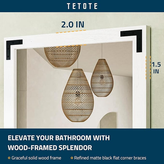 TETOTE 24 x 32 White Wood Mirror for Bathroom Wall/Bedroom/Living Room/Entryway Farmhouse Rustic Wall Mirror for Over Sink Waterproof (Horizontal/Vertical Mounted)
