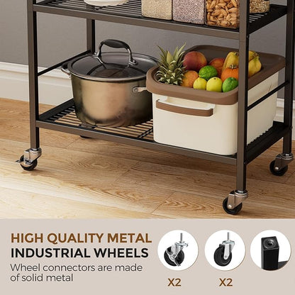 5-Tier Metal Storage Rack with Industrial Wheels,Mesh Shelving Unit with Wooden Table top,Adjustable Shelf,23.6-Inch Width,for Kitchen, Laundry,Pantry,Plant,Black