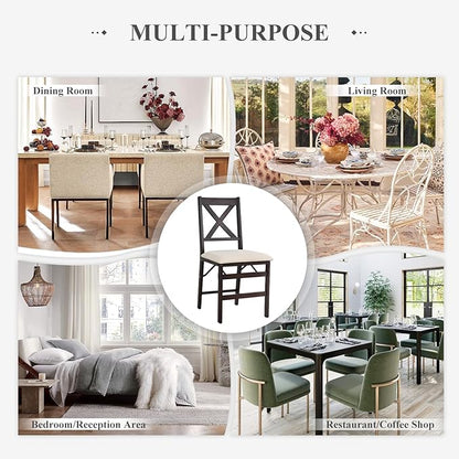 COLAMY Folding Dining Chairs Set of 4 – Beige Upholstered Wooden Dining Room Chairs for Kitchen & Small Spaces, Mid Century Modern Design, Space-Saving, No Assembly Required