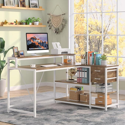 Tribesigns L Shaped Desk with Drawers and Monitor Stand, L Corner Desk with Storage Shelves, Beige Wooden PC Table for Samll Home Office
