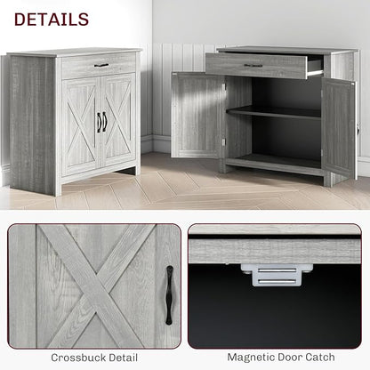 HOMCOM Farmhouse Sideboard Buffet Cabinet, Barn Door Coffee Bar Cabinet with Drawer and Adjustable Shelf, for Living Room, Entryway, Stone Gray