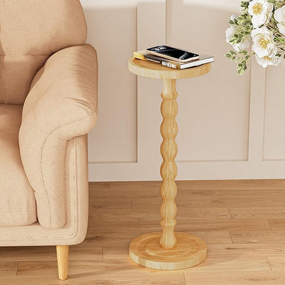 Solid Wood Drink Table, Rubber Wood‌ Small Round Side Table for Small Spaces, Martini Tables, Pedestal End Tables for Living Room, Bedroom, Corners, and Office (Natural, 9.4 inch)