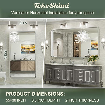 TokeShimi 55 x 36 Inch Brushed Silver Mirror Wall Mirror for Bathroom Black Metal Frame Decorative Rectangular Wall Mounted Home Decor Corner Hangs (Horizontal/Vertical)