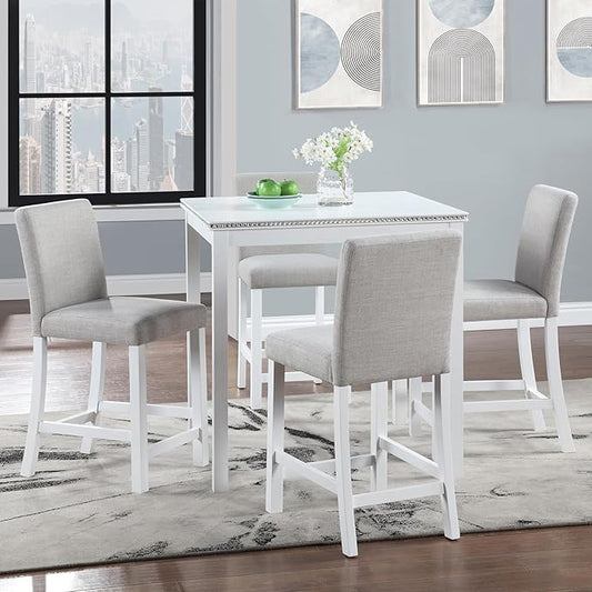 KEIKI 5-Piece Counter Height Dining Table Set with Square Table and 4 Upholstered Chair, for 4 Person, Modern Style Crystal Decoration Wooden Table Set, Easy Assembly, for Kitchen, Dining Room,White