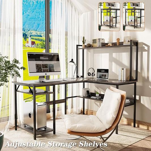 L Shaped Computer Desk with Hutch and Storage Shelves, Gaming Desk with LED Lights, Reversible L-Shaped Desk with Power Outlets, Home Office Desk, Corner Desk, Black Oak