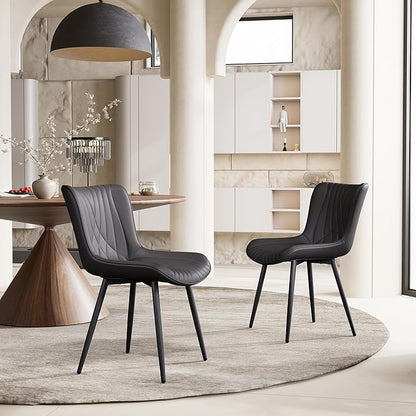 YOUTASTE Black Dining Chairs Set of 2 Upholstered Mid Century Modern Kitchen Dining Room Chairs Armless Faux Leather Accent Chairs Metal Vanity Lounge Chair with Back for Living Room Bedrooms